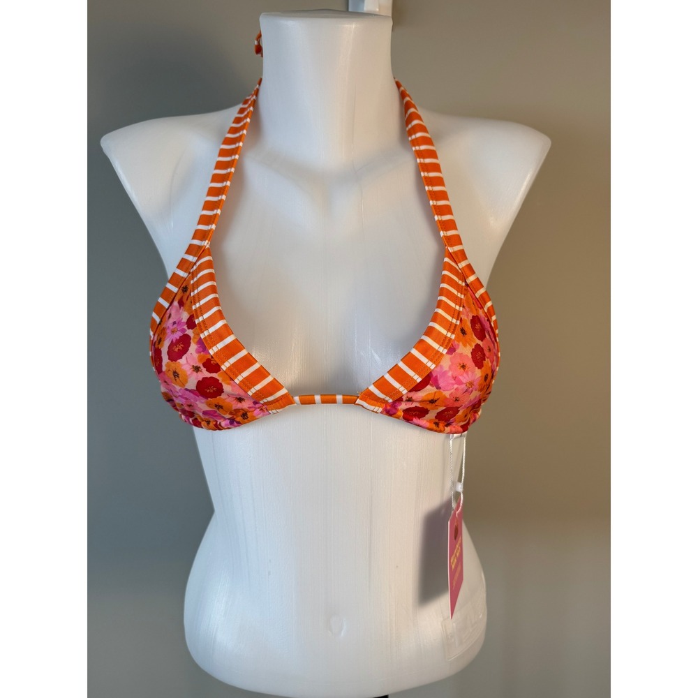 Strawberry Milk Mob Floral Striped Halter Triangle Bikini Top Orange Pink S